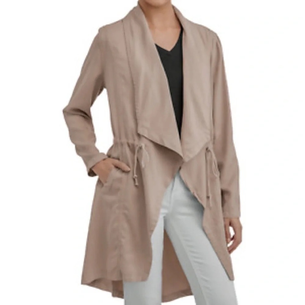 Max Jeans thin jacket women M tan drape collar long lapel string tie waist